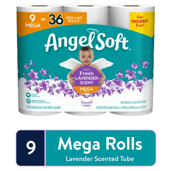Angel Soft Toilet Paper, Lavender, 9 Mega Rolls (= 36 Regular Rolls)